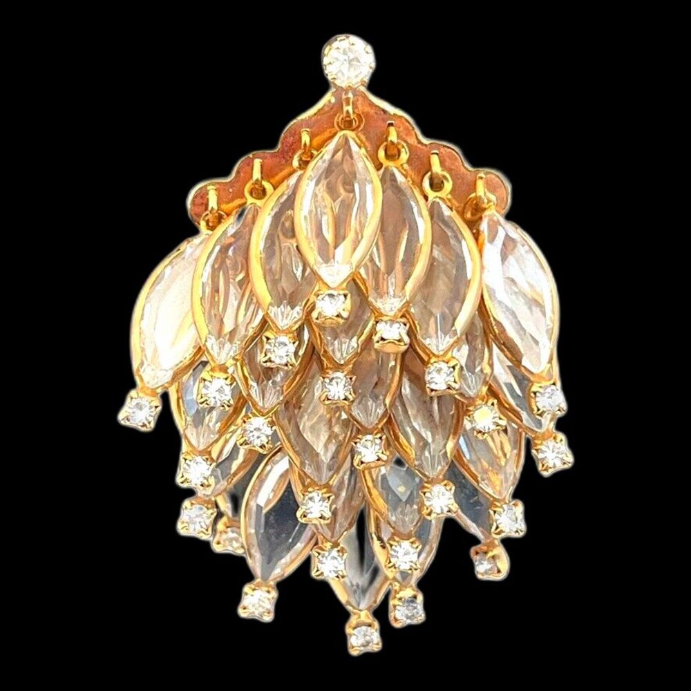 Vintage 1960s Crystal Waterfall Brooch Gold Tone Marquise Pin - 1F